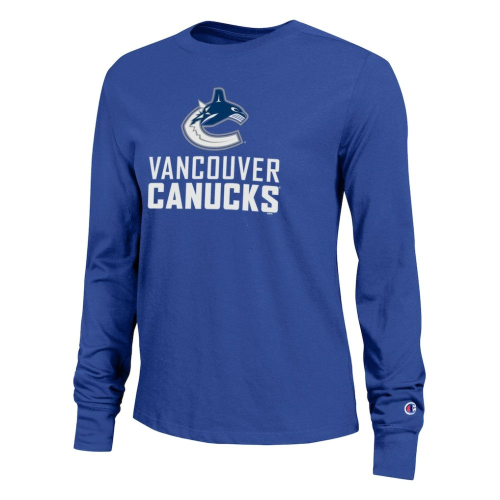 Vancouver Canucks Champion Women's Wordmark Lockup Long Sleeve T-Shirt - Royal T-shirts