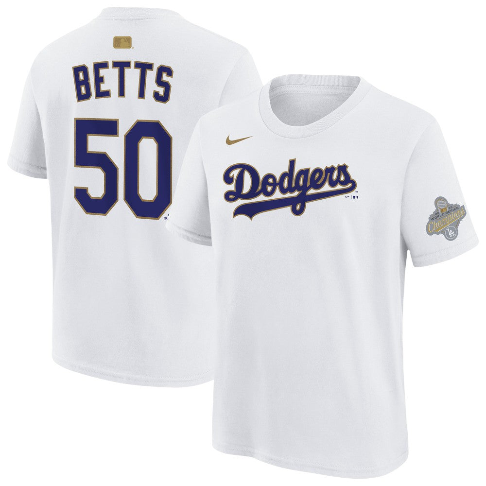 Mookie Betts Los Angeles Dodgers Youth 2026 Gold Collection Name & Number T-Shirt White