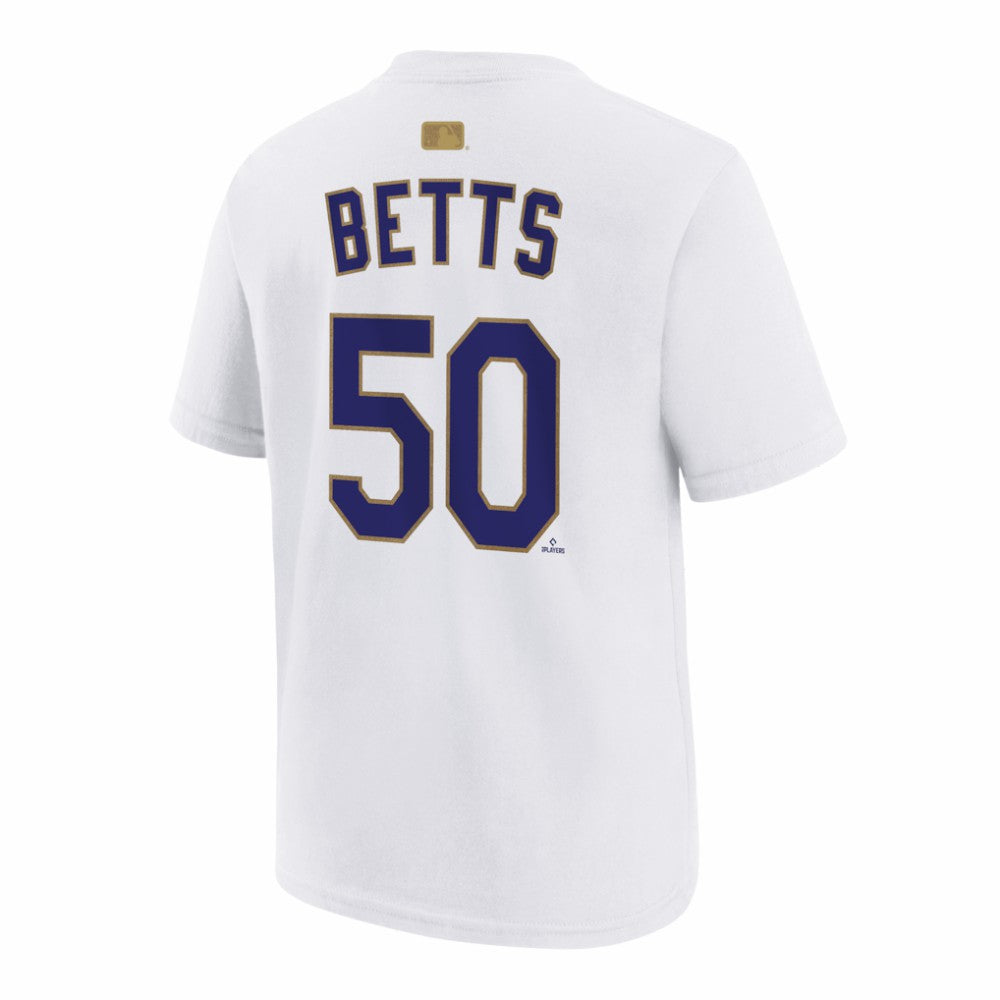 Mookie Betts Los Angeles Dodgers Youth 2026 Gold Collection Name & Number T-Shirt White
