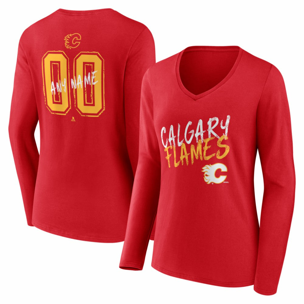 Calgary Flames Women's Hustle Personalized Name & Number Long Sleeve V-Neck T-Shirt - Red T-shirts