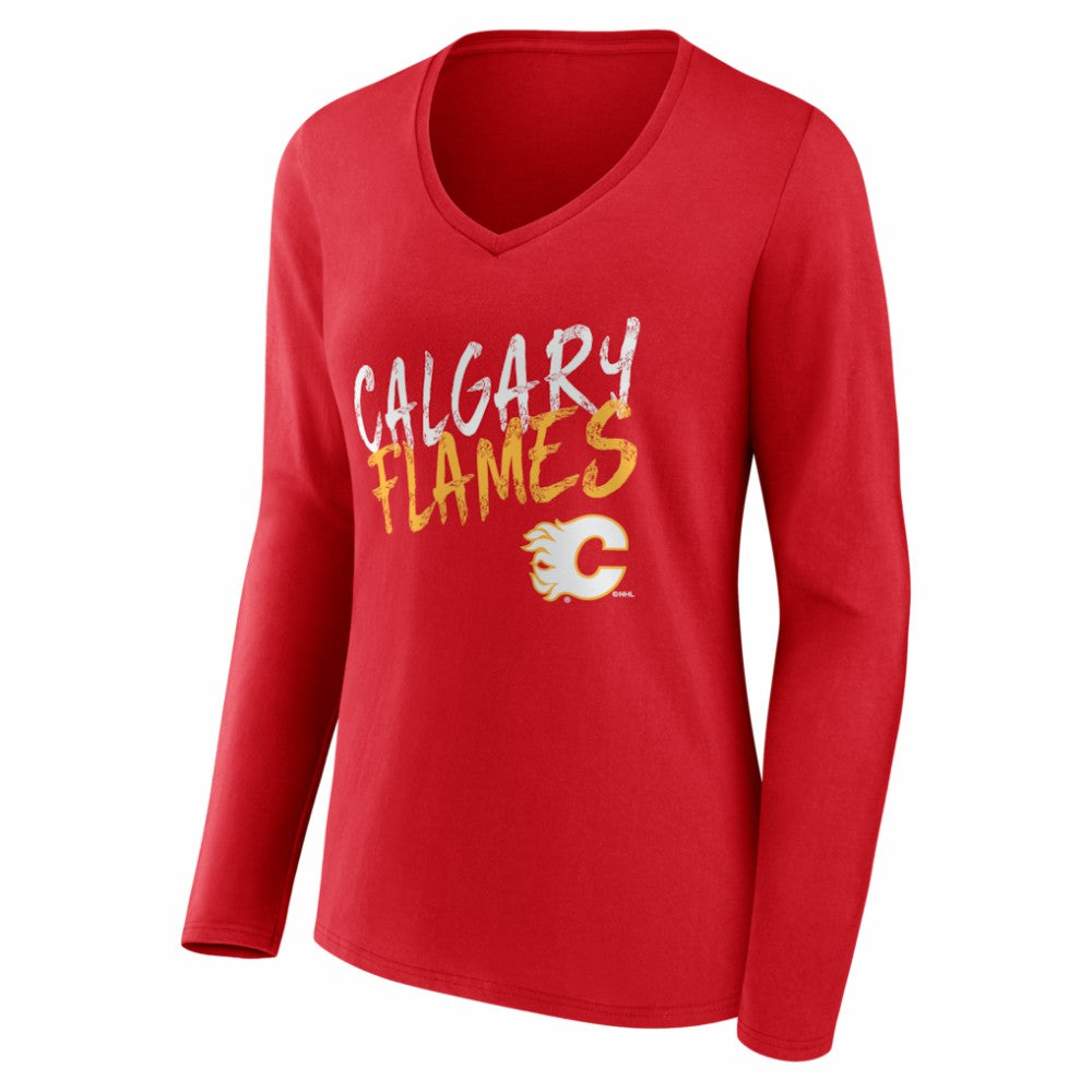 Calgary Flames Women's Hustle Personalized Name & Number Long Sleeve V-Neck T-Shirt - Red T-shirts