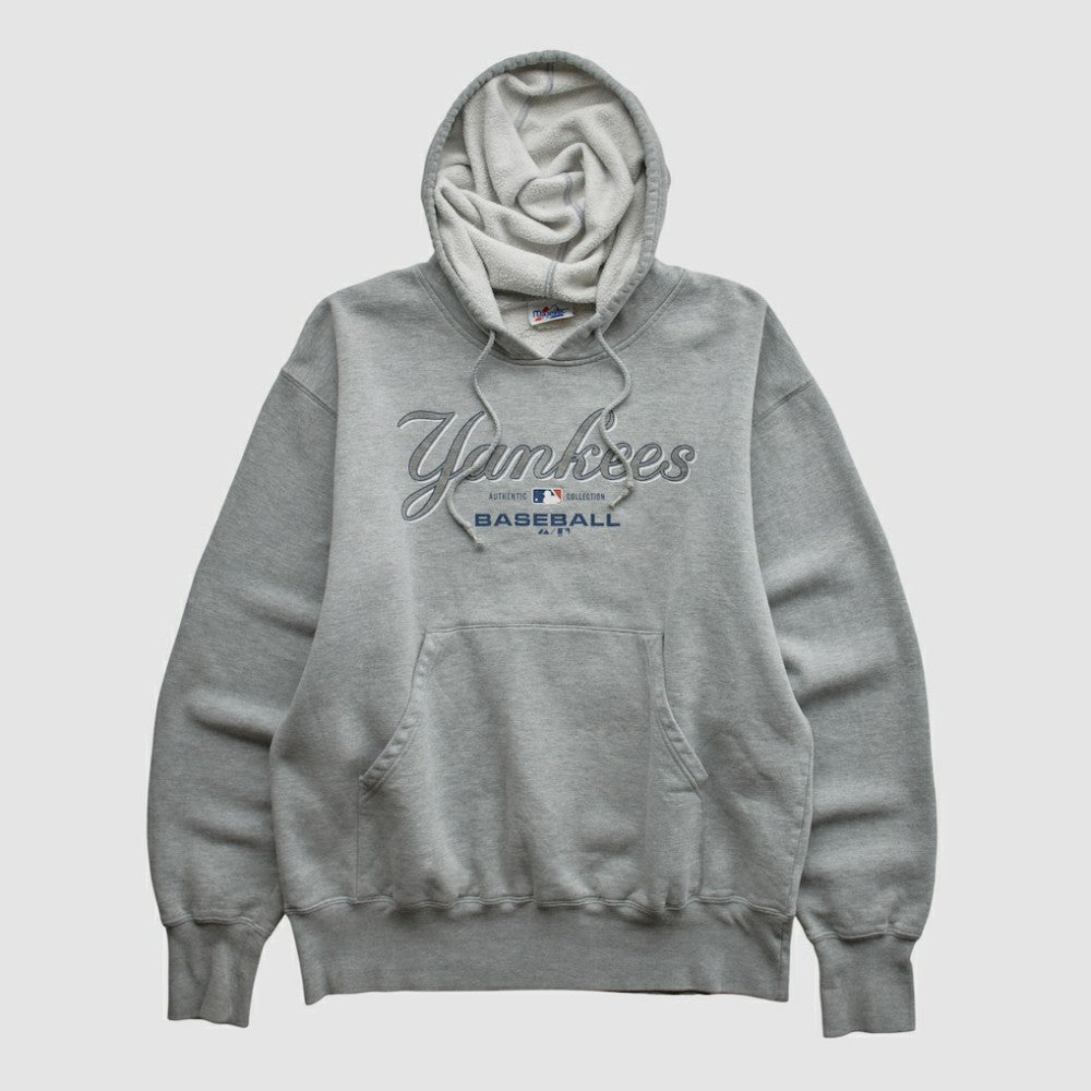 New York Yankees Majestic 2000s Hooded Pullover Sweatshirt Heather Gray Vintage