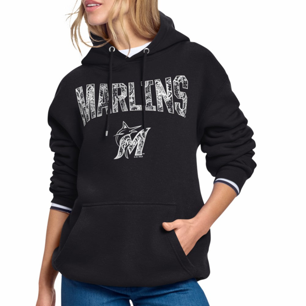 Miami Marlins Starter Women's Lace Team Lockup Fleece Hoodie Black