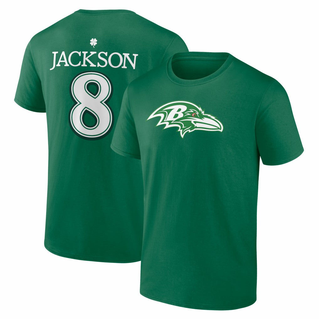 Lamar Jackson Baltimore Ravens St. Patrick's Day Icon Name & Number T-Shirt - Green for sale