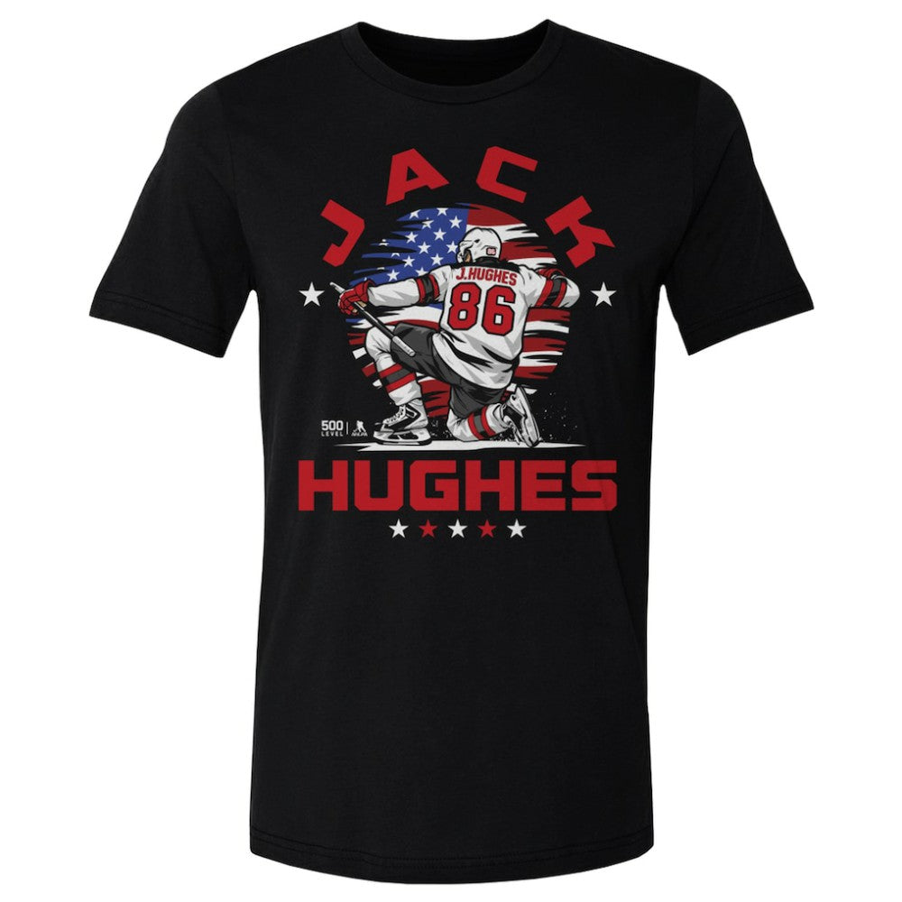 Jack Hughes US Men's Hockey 500 Level Flag T-Shirt - Black T-shirts