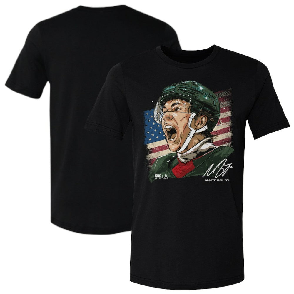 Matthew Boldy US Men's Hockey 500 Level Flag T-Shirt - Black T-shirts