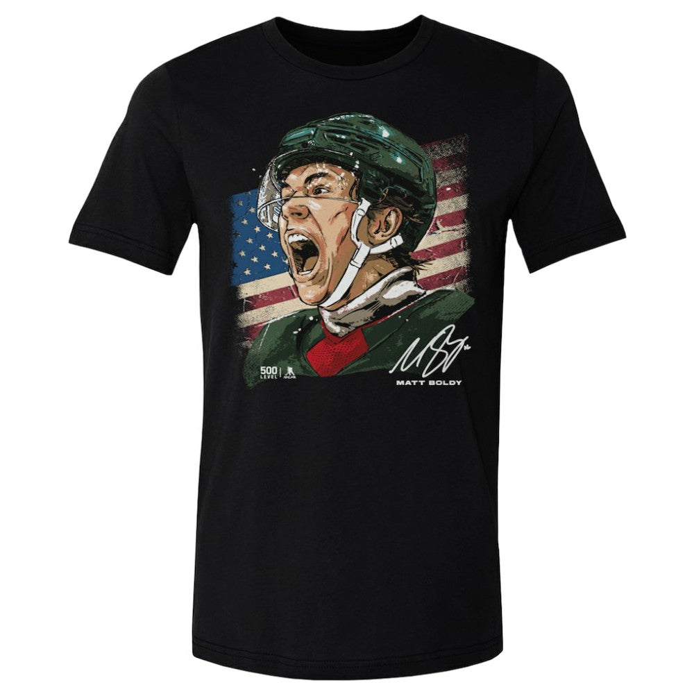 Matthew Boldy US Men's Hockey 500 Level Flag T-Shirt - Black T-shirts