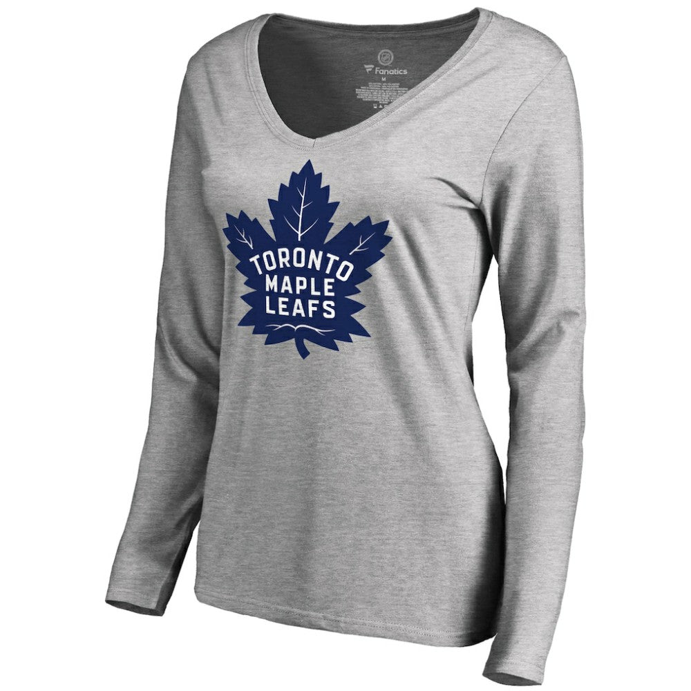 Toronto Maple Leafs Women's New Primary Logo V-Neck Long Sleeve T-Shirt - Heathered Gray T-shirts