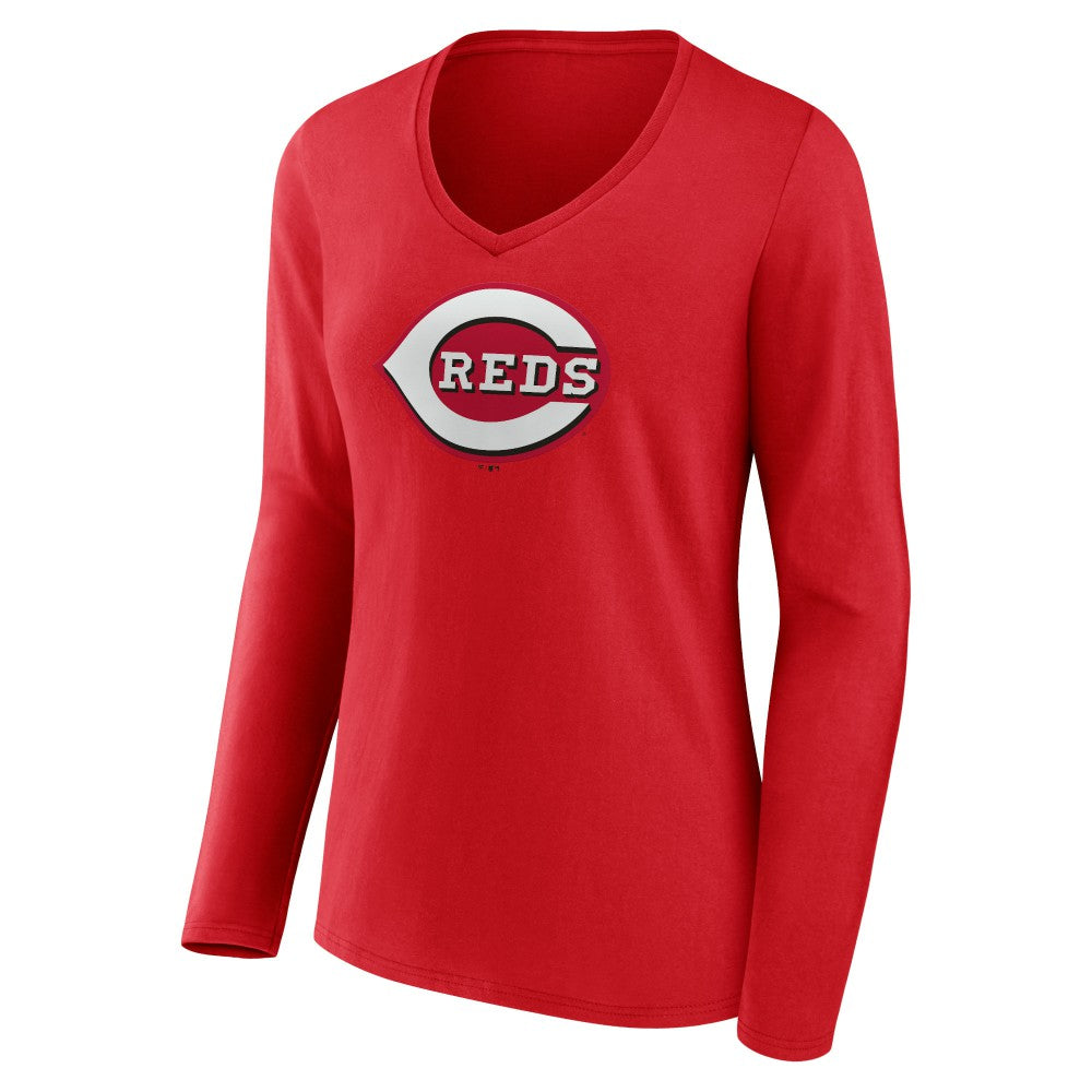 Cincinnati Reds Women's Team Color Primary Logo V-Neck Long Sleeve T-Shirt Red