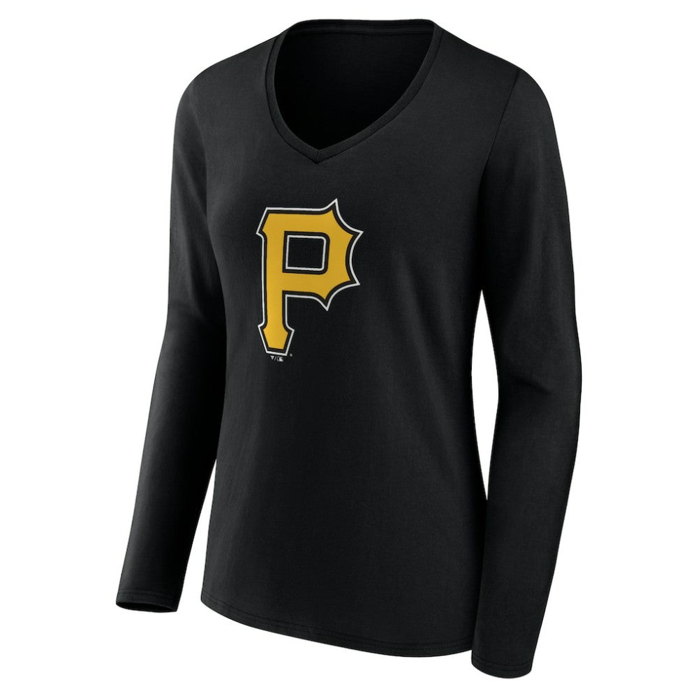 Pittsburgh Pirates Women's Team Color Primary Logo V-Neck Long Sleeve T-Shirt Black