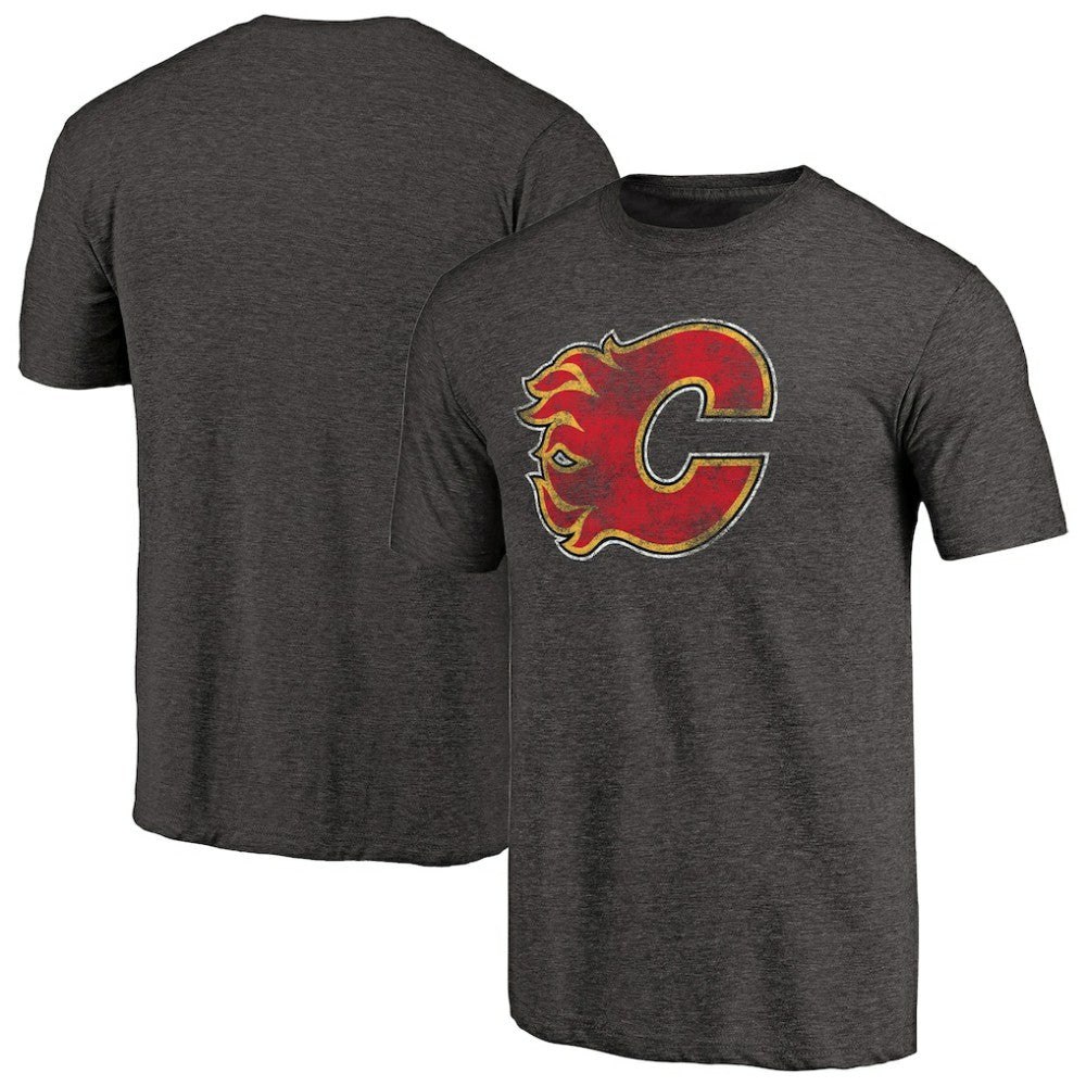 Calgary Flames Distressed Team Primary Logo Tri-Blend T-Shirt - Black T-shirts