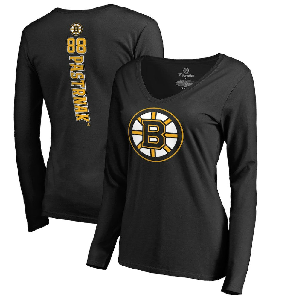 David Pastrnak Boston Bruins Women's Backer V-Neck Long Sleeve T-Shirt - Black T-shirts