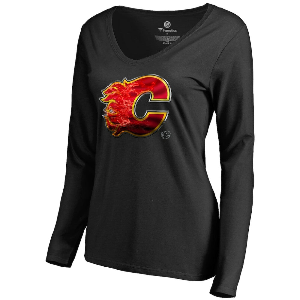 Calgary Flames Women's Midnight Mascot Long Sleeve V-Neck T-Shirt - Black T-shirts