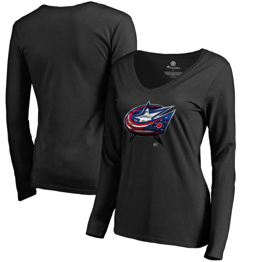 Columbus Blue Jackets Women's Midnight Mascot Long Sleeve V-Neck T-Shirt - Black T-shirts