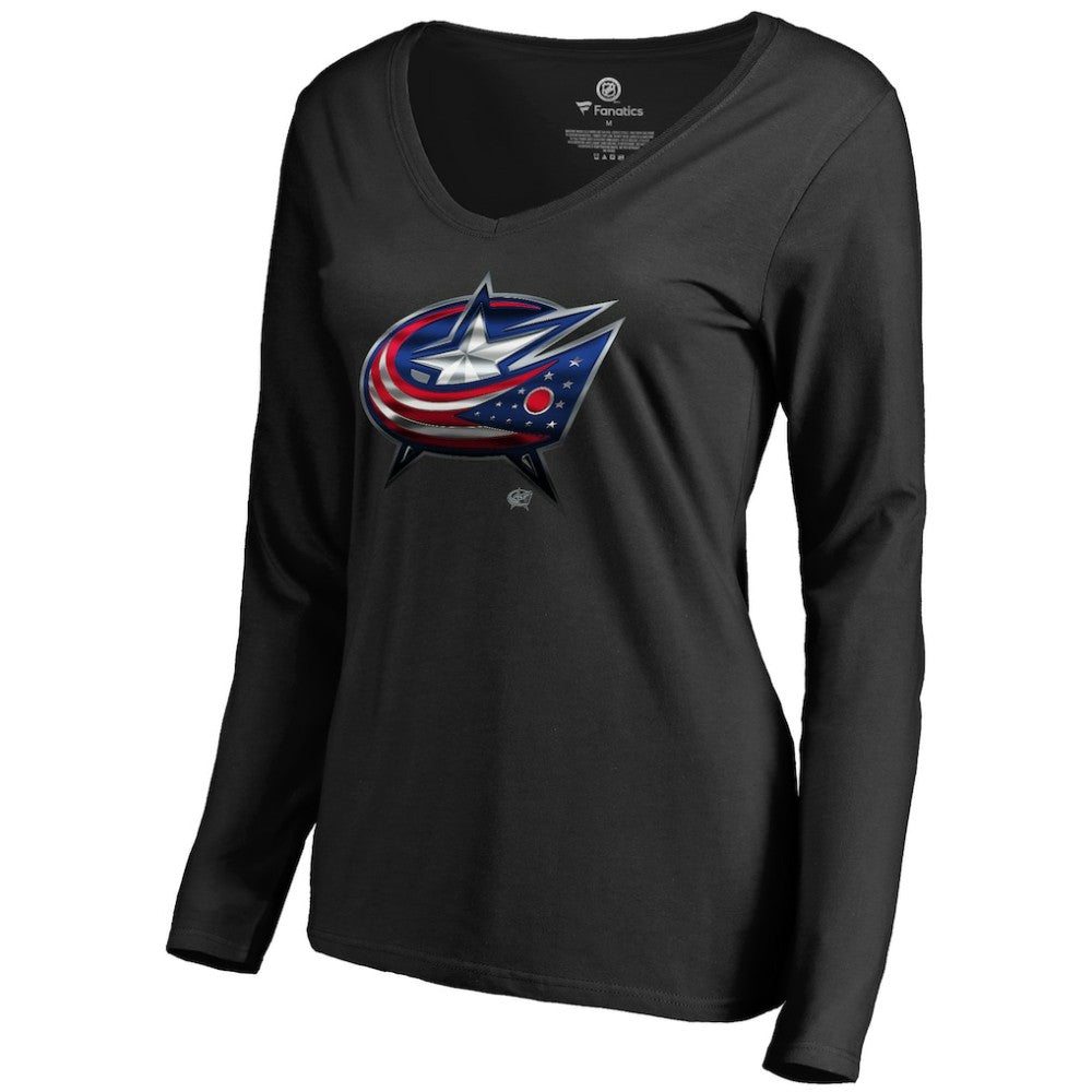 Columbus Blue Jackets Women's Midnight Mascot Long Sleeve V-Neck T-Shirt - Black T-shirts