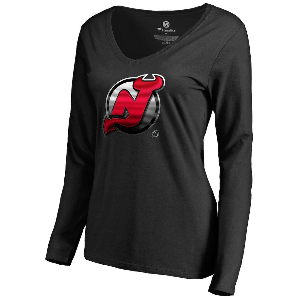 New Jersey Devils Women's Midnight Mascot Long Sleeve V-Neck T-Shirt - Black T-shirts
