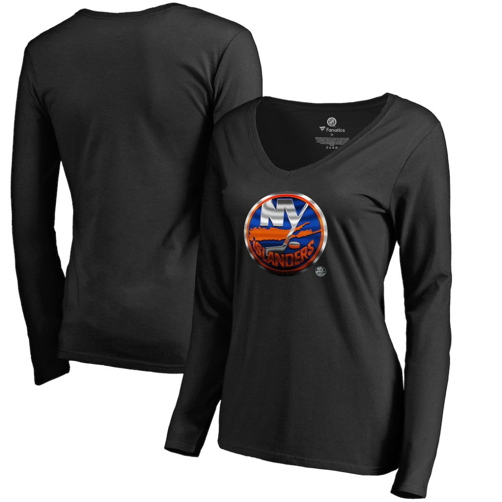 New York Islanders Women's Midnight Mascot Long Sleeve V-Neck T-Shirt - Black T-shirts