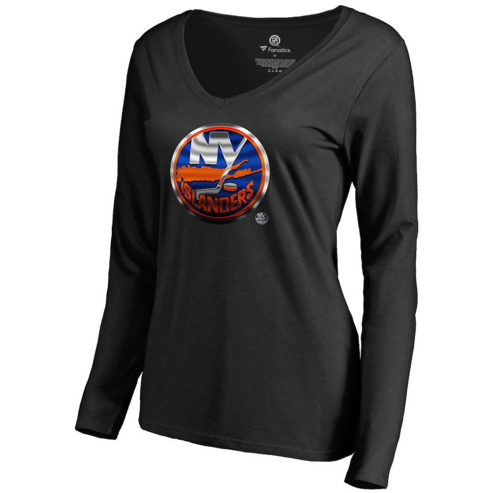 New York Islanders Women's Midnight Mascot Long Sleeve V-Neck T-Shirt - Black T-shirts