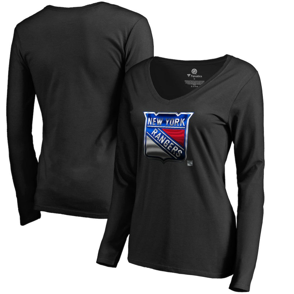 New York Rangers Women's Midnight Mascot Long Sleeve V-Neck T-Shirt - Black T-shirts