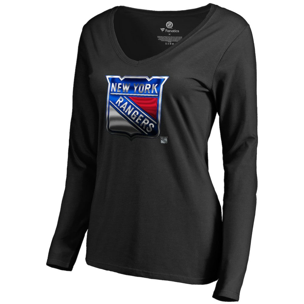 New York Rangers Women's Midnight Mascot Long Sleeve V-Neck T-Shirt - Black T-shirts