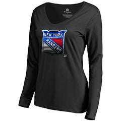 New York Rangers Women's Midnight Mascot Long Sleeve V-Neck T-Shirt - Black T-shirts