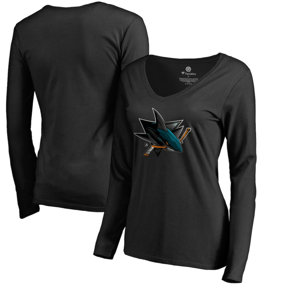 San Jose Sharks Women's Midnight Mascot Long Sleeve V-Neck T-Shirt - Black T-shirts