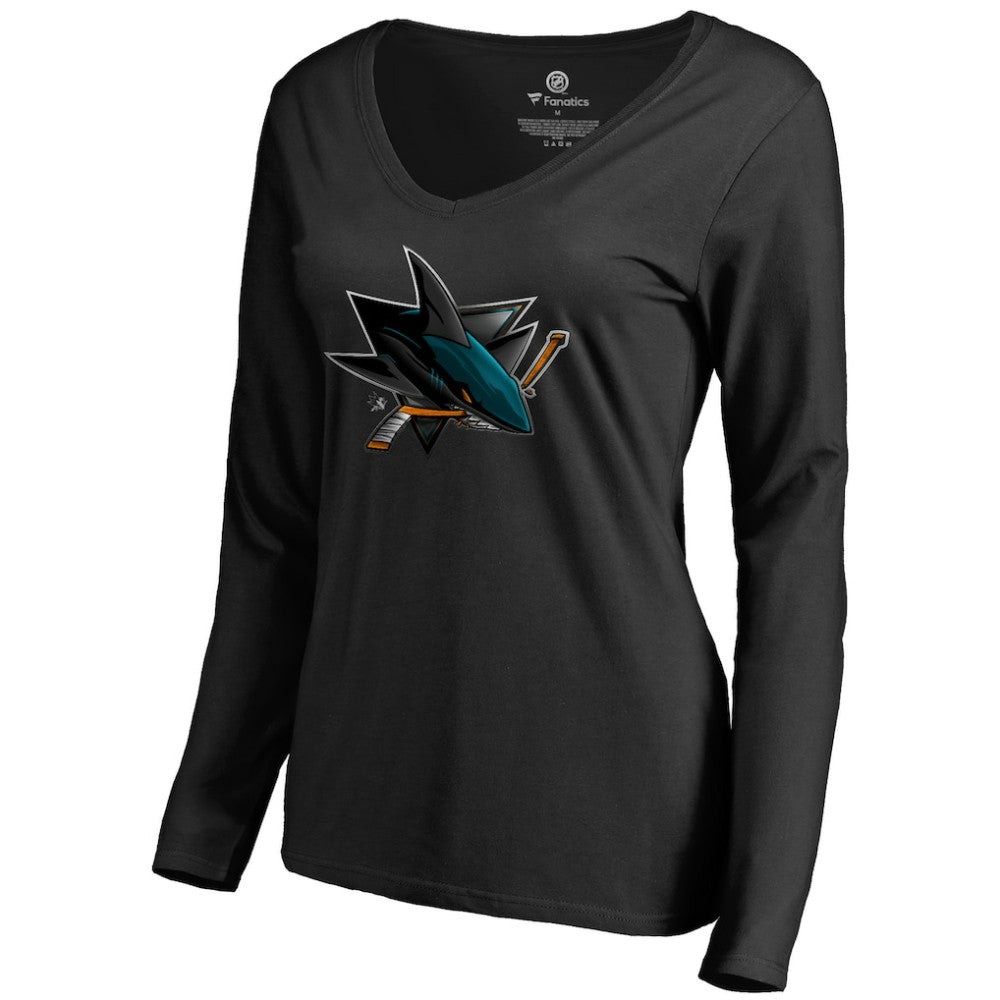 San Jose Sharks Women's Midnight Mascot Long Sleeve V-Neck T-Shirt - Black T-shirts