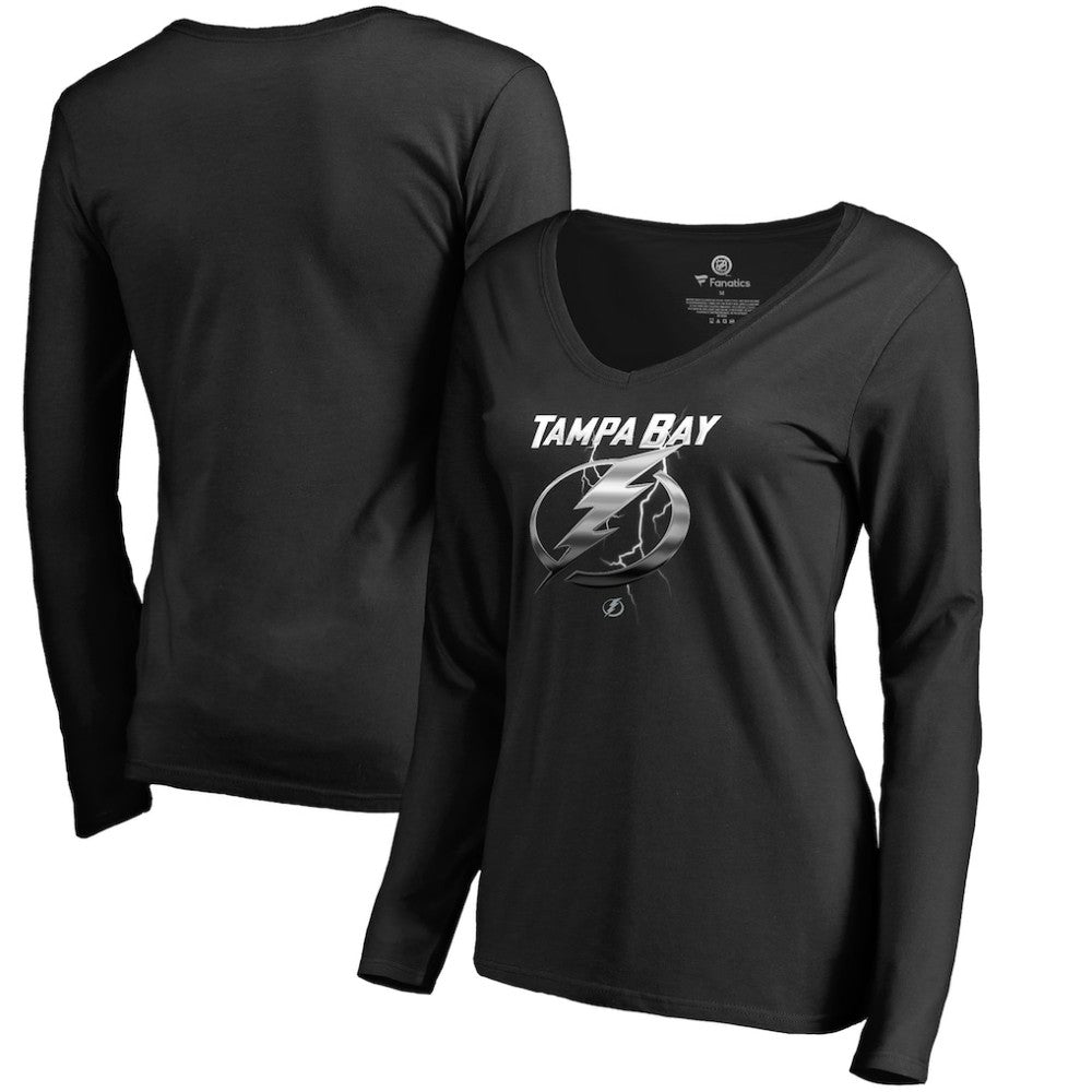 Tampa Bay Lightning Women's Midnight Mascot Long Sleeve V-Neck T-Shirt - Black T-shirts