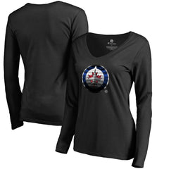 Winnipeg Jets Women's Midnight Mascot Long Sleeve V-Neck T-Shirt - Black T-shirts