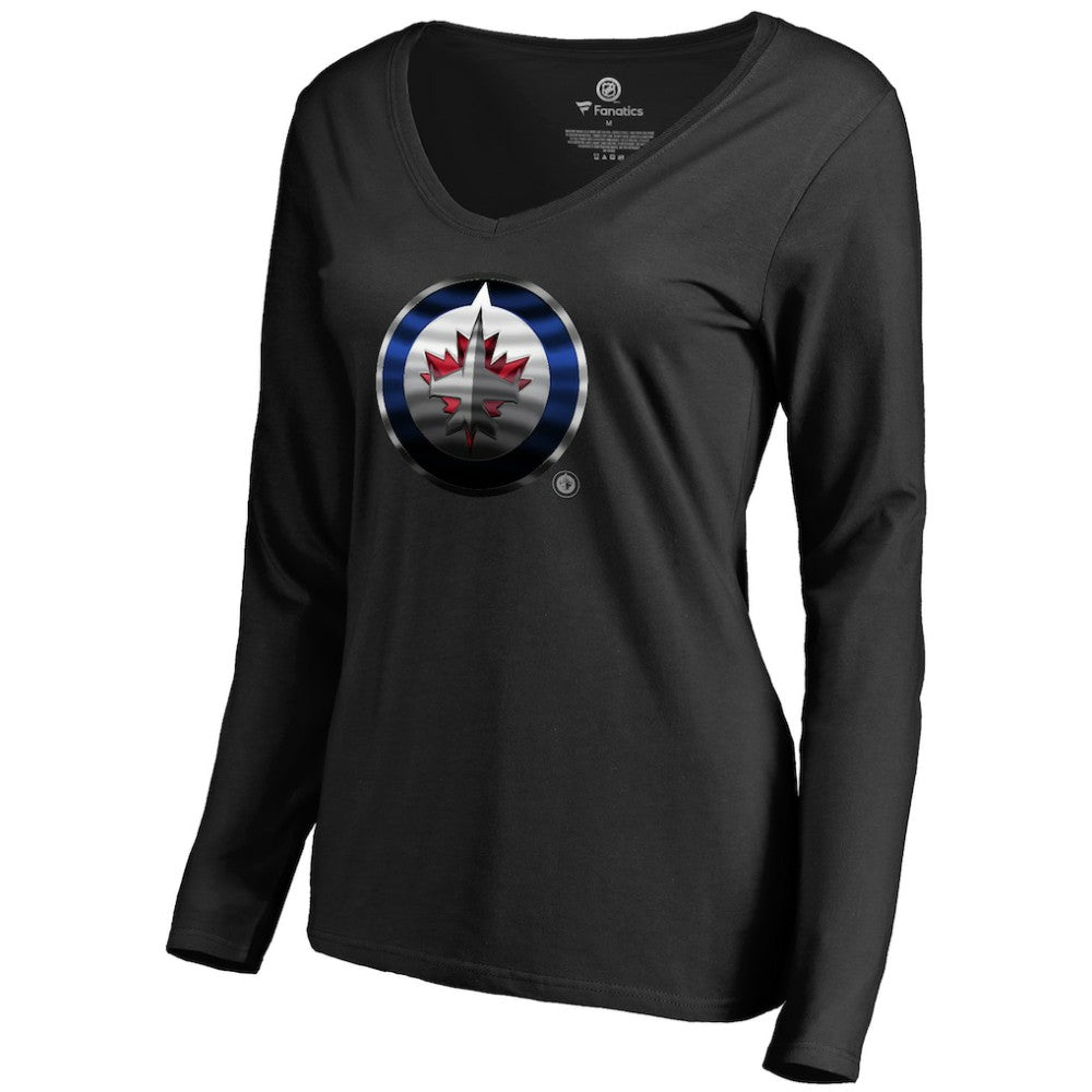 Winnipeg Jets Women's Midnight Mascot Long Sleeve V-Neck T-Shirt - Black T-shirts