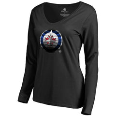 Winnipeg Jets Women's Midnight Mascot Long Sleeve V-Neck T-Shirt - Black T-shirts
