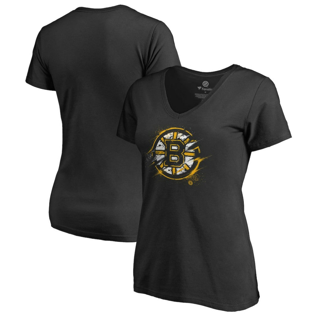 Boston Bruins Women's Splatter Logo V-Neck T-Shirt - Black T-shirts