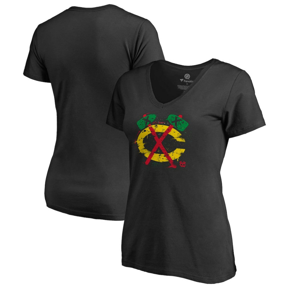 Chicago Blackhawks Women's Splatter Logo V-Neck T-Shirt - Black T-shirts