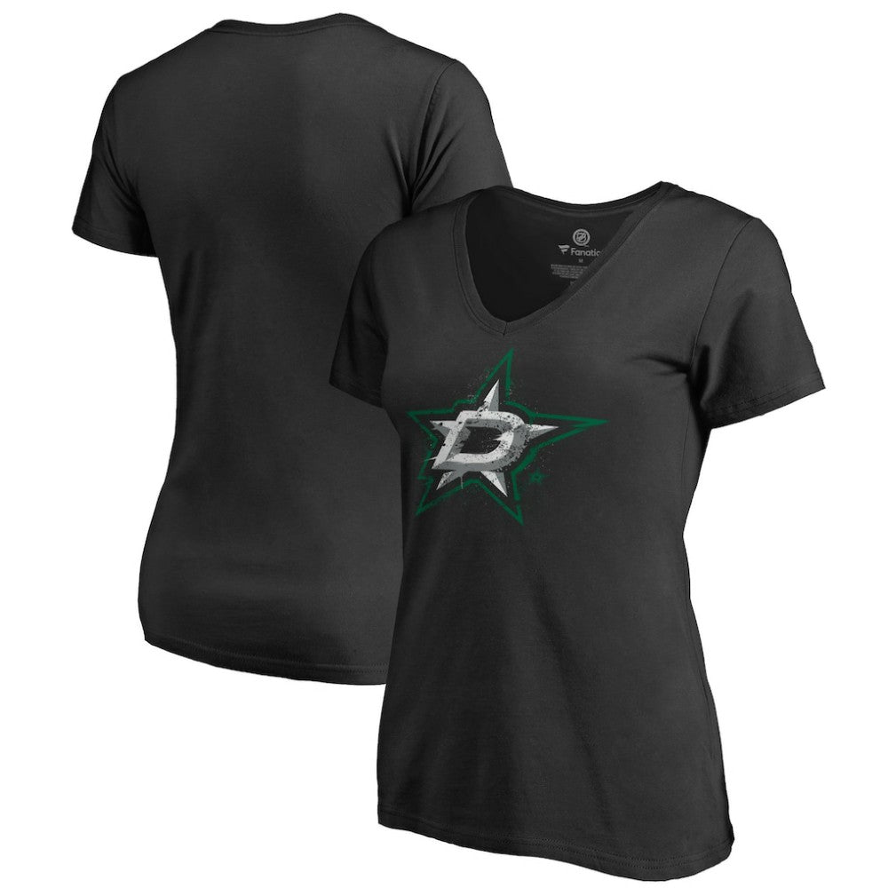 Dallas Stars Women's Splatter Logo V-Neck T-Shirt - Black T-shirts