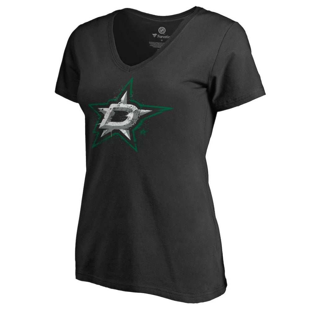 Dallas Stars Women's Splatter Logo V-Neck T-Shirt - Black T-shirts