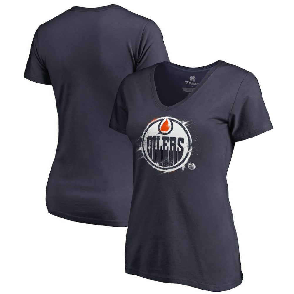 Edmonton Oilers Women's Splatter Logo V-Neck T-Shirt - Navy T-shirts