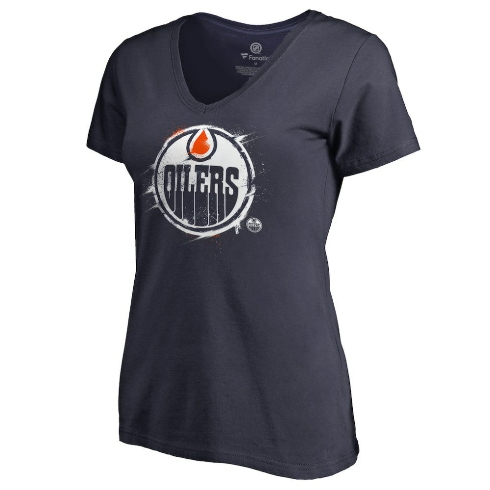 Edmonton Oilers Women's Splatter Logo V-Neck T-Shirt - Navy T-shirts