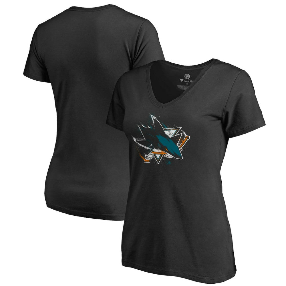 San Jose Sharks Women's Splatter Logo V-Neck T-Shirt - Black T-shirts