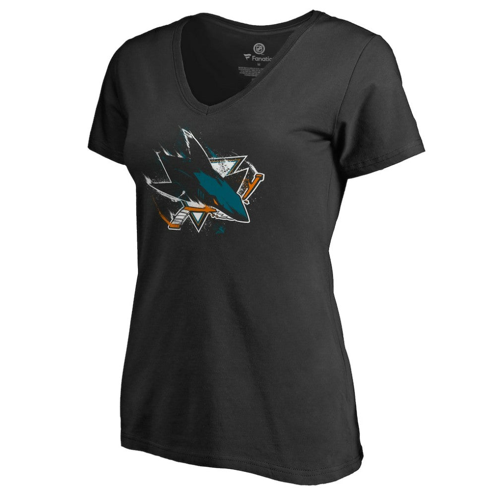 San Jose Sharks Women's Splatter Logo V-Neck T-Shirt - Black T-shirts