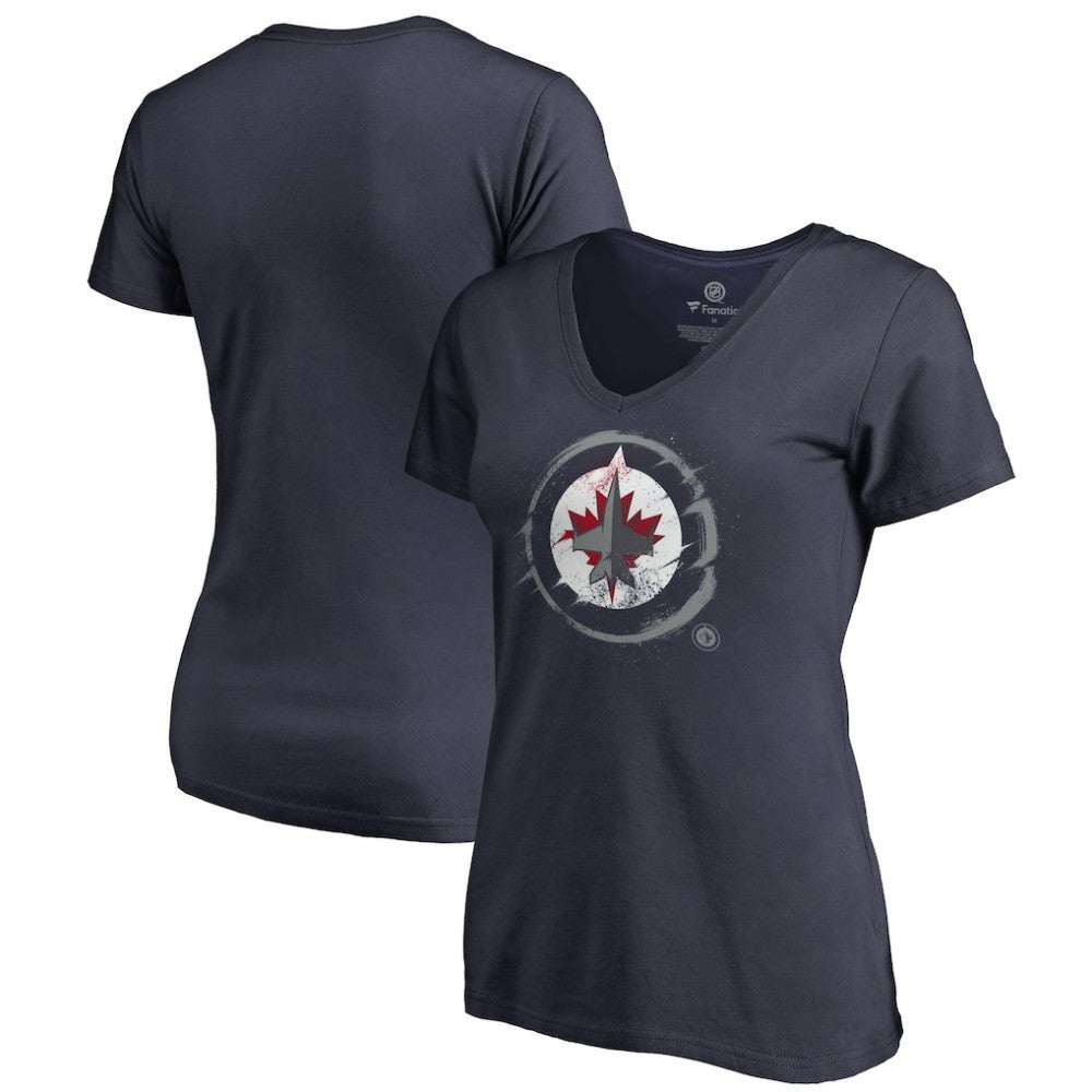 Winnipeg Jets Women's Splatter Logo V-Neck T-Shirt - Navy T-shirts