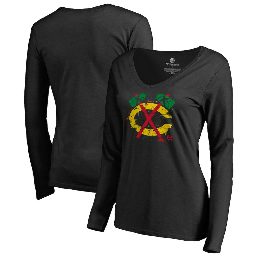 Chicago Blackhawks Women's Splatter Logo V-Neck Long Sleeve T-Shirt - Black T-shirts