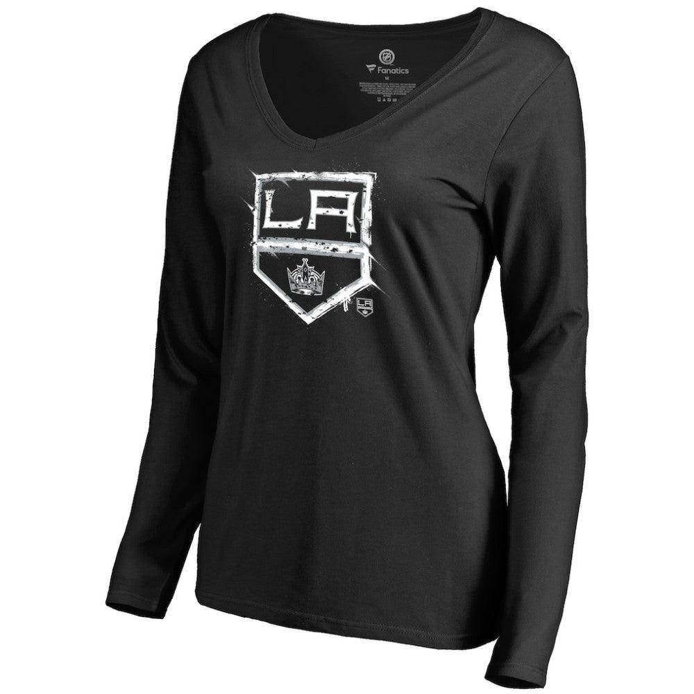 Los Angeles Kings Women's Splatter Logo V-Neck Long Sleeve T-Shirt - Black T-shirts