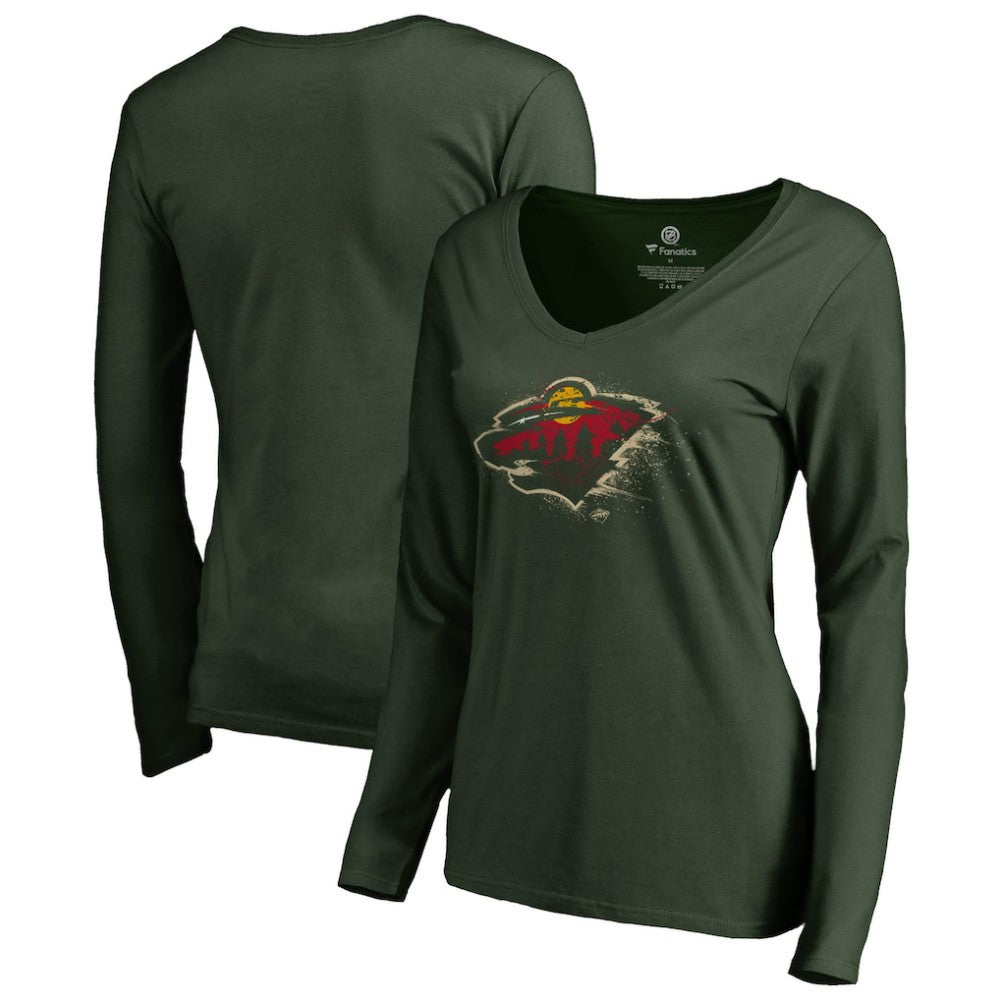 Minnesota Wild Women's Splatter Logo V-Neck Long Sleeve T-Shirt - Green T-shirts