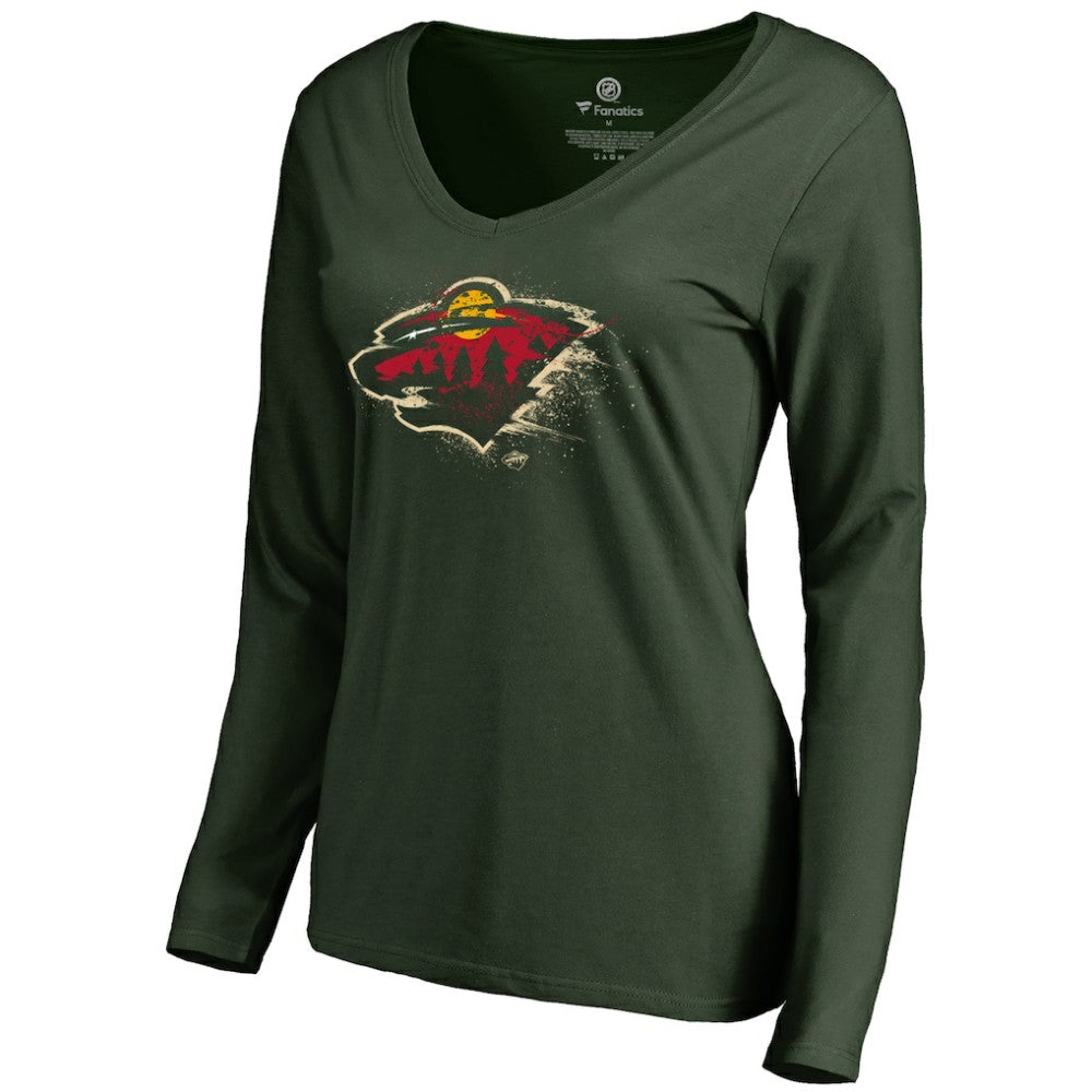 Minnesota Wild Women's Splatter Logo V-Neck Long Sleeve T-Shirt - Green T-shirts