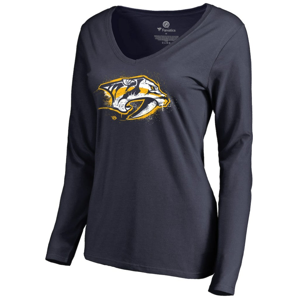 Nashville Predators Women's Splatter Logo V-Neck Long Sleeve T-Shirt - Navy T-shirts