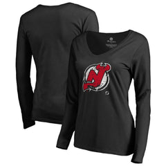 New Jersey Devils Women's Splatter Logo V-Neck Long Sleeve T-Shirt - Black T-shirts