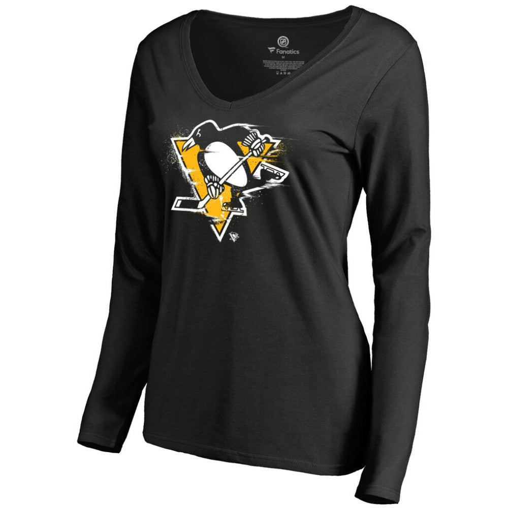 Pittsburgh Penguins Women's Splatter Logo V-Neck Long Sleeve T-Shirt - Black T-shirts