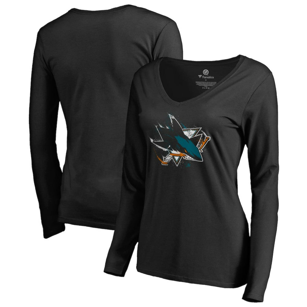 San Jose Sharks Women's Splatter Logo V-Neck Long Sleeve T-Shirt - Black T-shirts