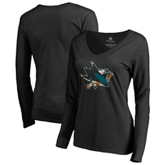 San Jose Sharks Women's Splatter Logo V-Neck Long Sleeve T-Shirt - Black T-shirts