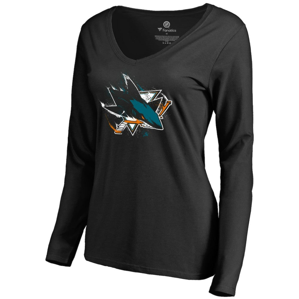 San Jose Sharks Women's Splatter Logo V-Neck Long Sleeve T-Shirt - Black T-shirts